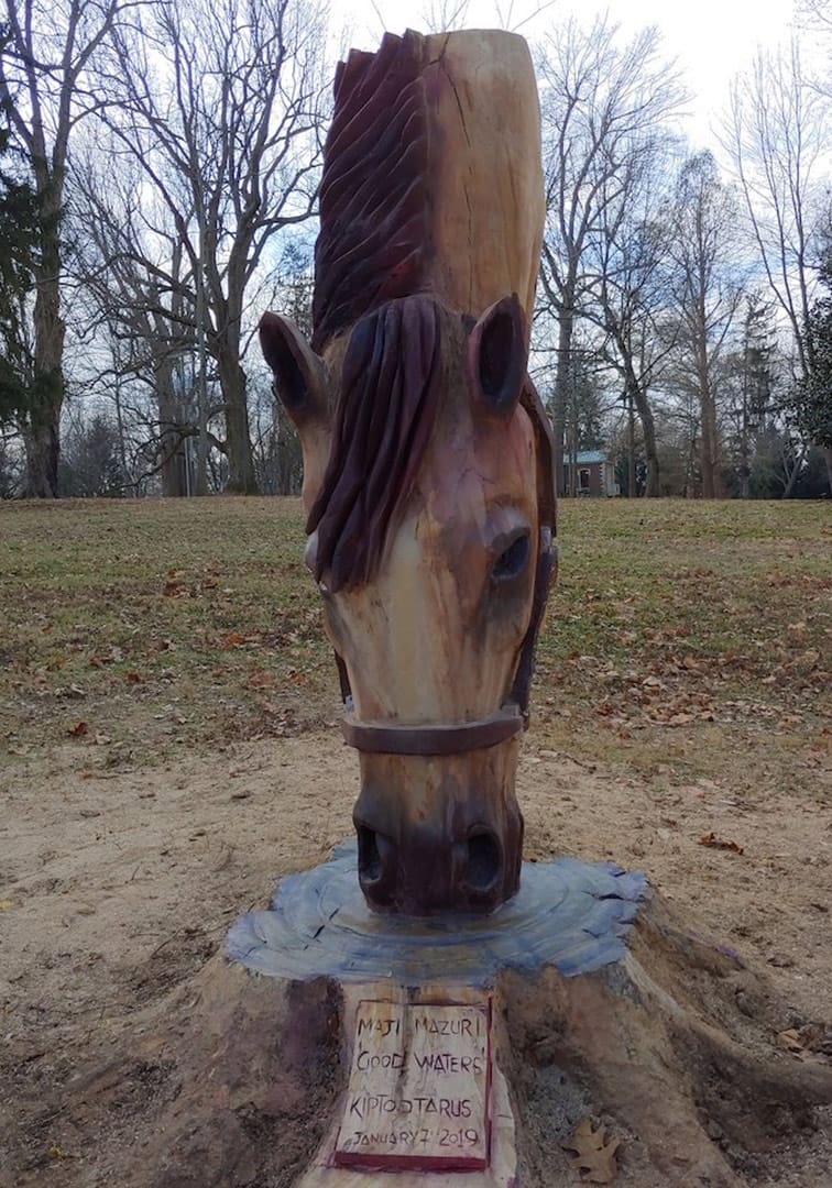Wooden horse head sculpture carved from a tree stump in a park, with a bridle and bare trees in the background.