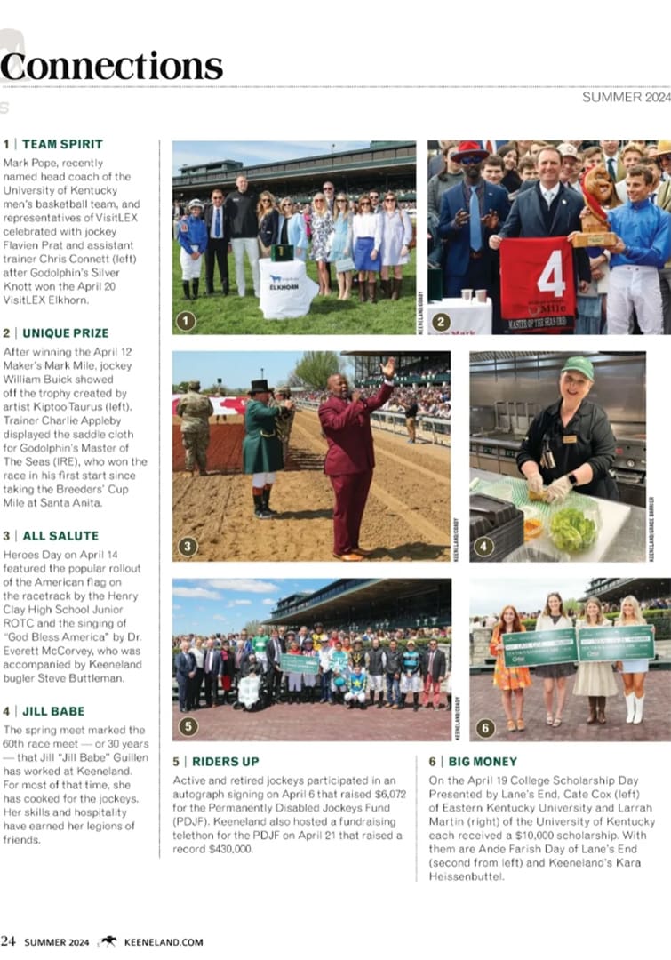 Six-photo collage from Keeneland Summer 2024 issue showing team photo, trophy presentation, parade, cafeteria worker preparing greens, riders with signs, and scholarship recipients holding banners.