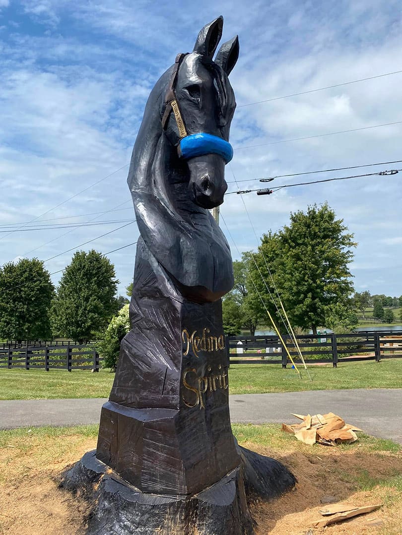 A large black horse statue outdoors with a blue nose band, mounted on a multi-faceted pedestal beside a fence and trees.